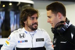 Fernando Alonso and Stoffel Vandoorne in the garage.