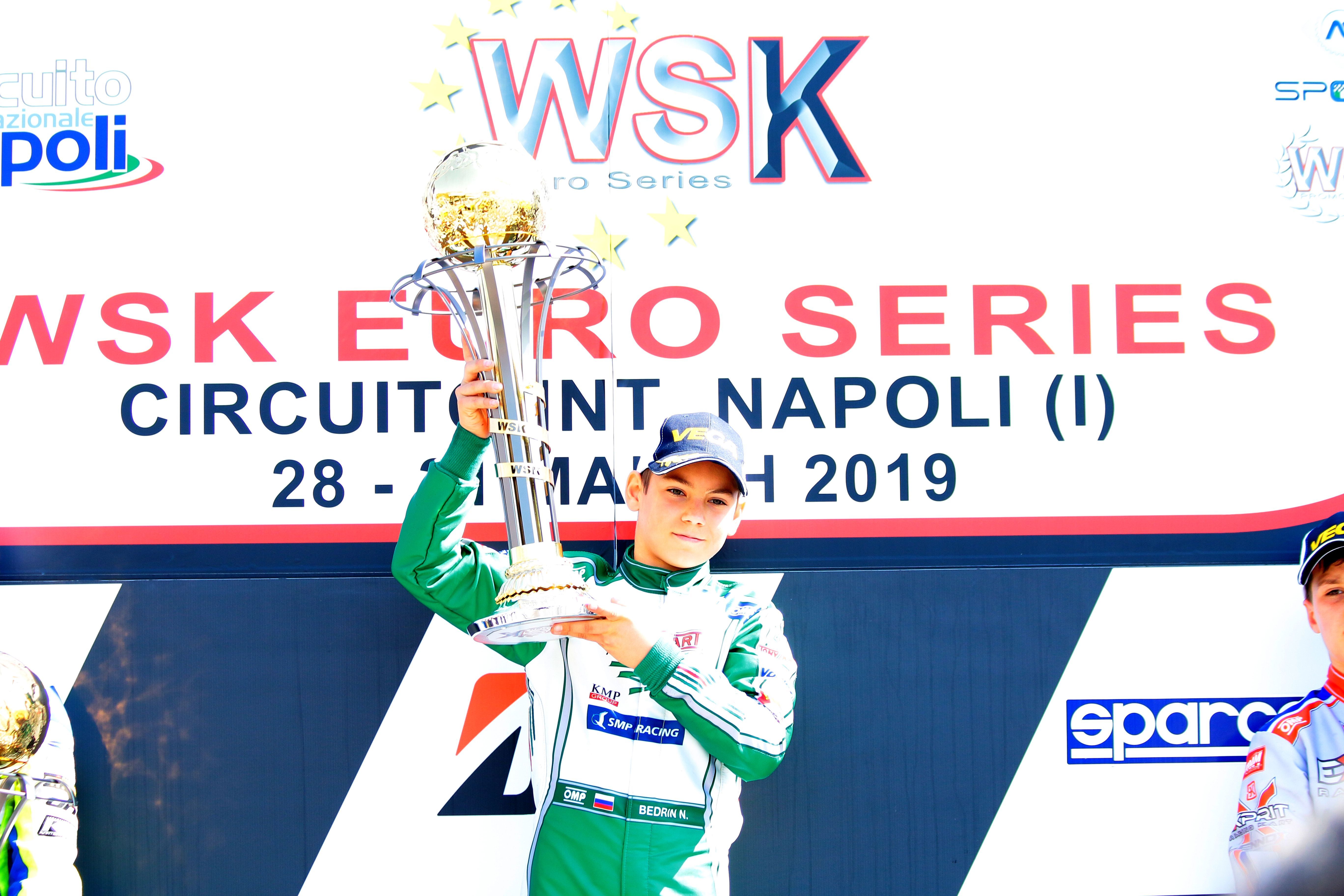Nikita Bedrin (Tony Kart/Vortex/Vega) taking his first victory of the season in the opening round of WSK Euro Series.