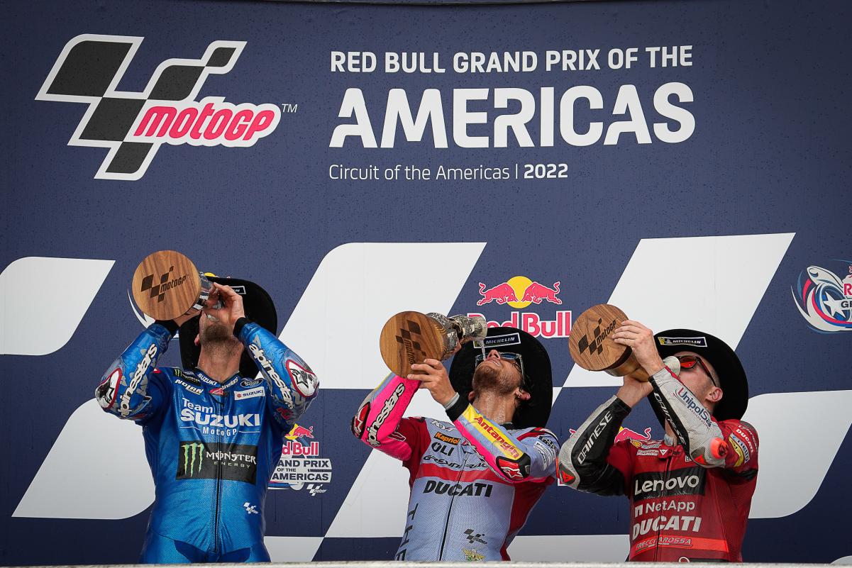 Enea Bastianini, Álex Rins i Jack Miller, al podi del GP de les Amèriques de MotoGP de l'any 2022 / MotoGP