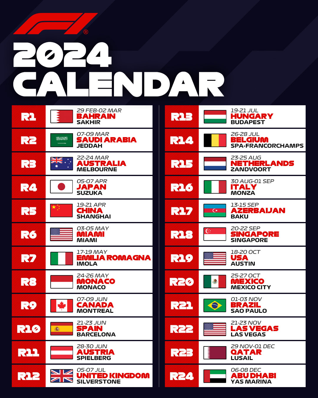 Calendari Temporada 2024 | @F1