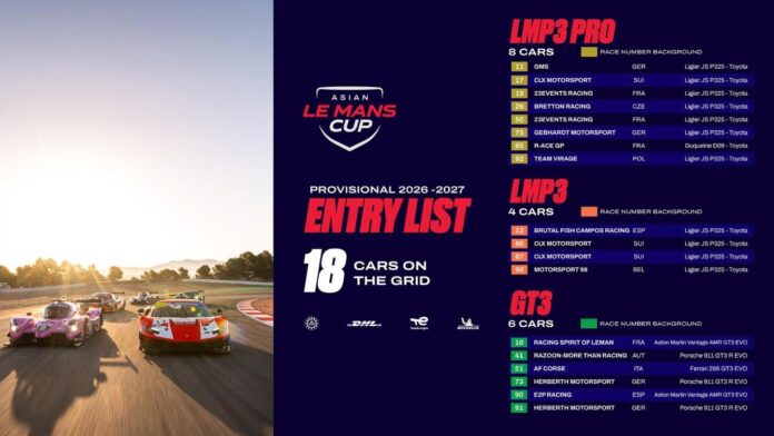 Provisional 2026-2027 entry list of the Asian Le Mans Cup: 18 cars across LMP3 Pro, LMP3 and GT3