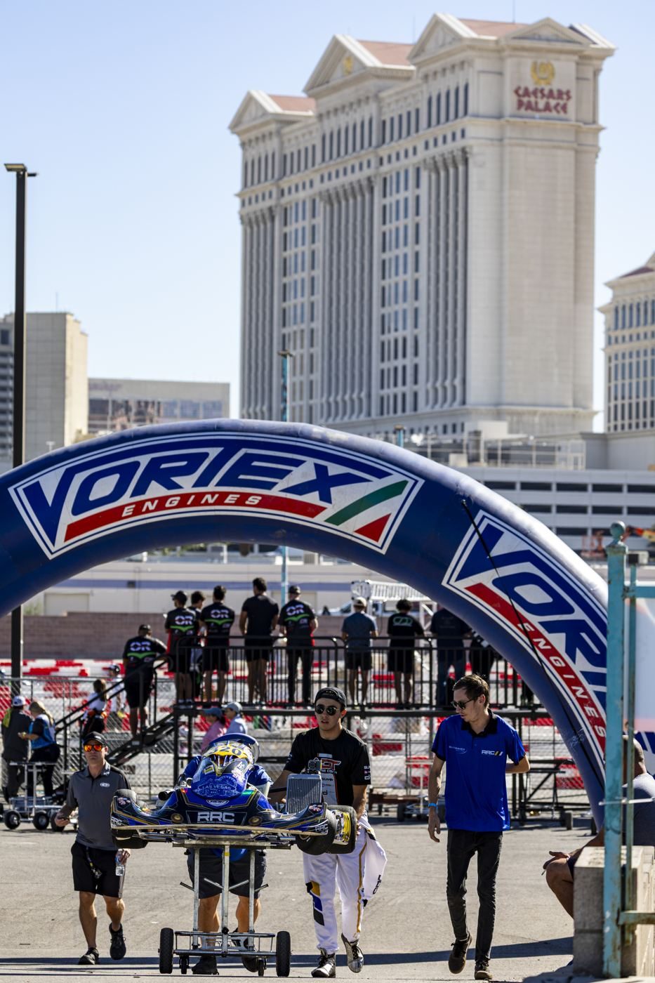 The Vortex Engines arch with Caesars Palace in the background